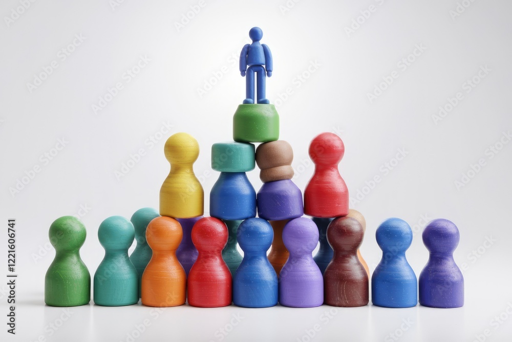 Colorful Wooden Pyramid with Blue Figurine Standing Atop Colorful Wooden Pyramid with Blue Figurine Standing Atop