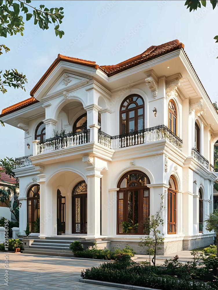 The exterior of a classic villa in Vietnam is characterized by its grand and elegant appearance The structure often features a symmetrical facade with a balanced and h The exterior of a classic villa in Vietnam is characterized by its grand and elegant appearance The structure often features a symmetrical facade with a balanced and h