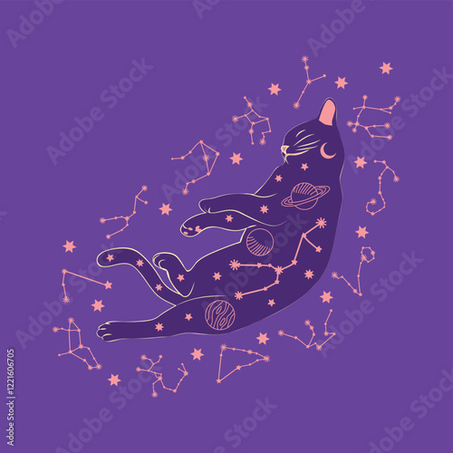 Mystical cat in boho style surrounded by stars, zodiac signs, balls, paw prints, silhouette collection. Esotericism and mysticism, occultism. Cartoon flat vector illustration.