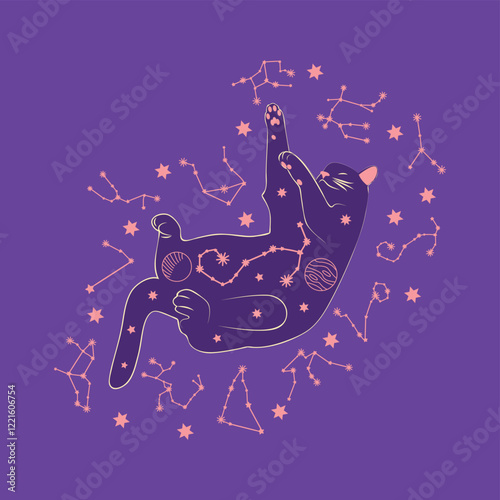 Mystical cat in boho style surrounded by stars, zodiac signs, balls, paw prints, silhouette collection. Esotericism and mysticism, occultism. Cartoon flat vector illustration.