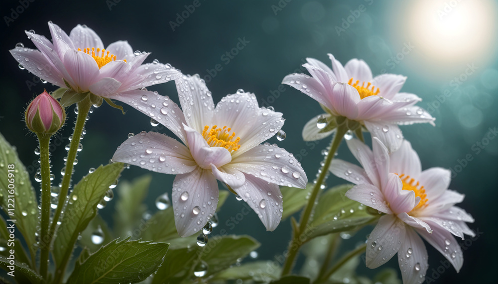Composition of glowing flowers under moonlight with waterdrops. Composition of glowing flowers under moonlight with waterdrops.