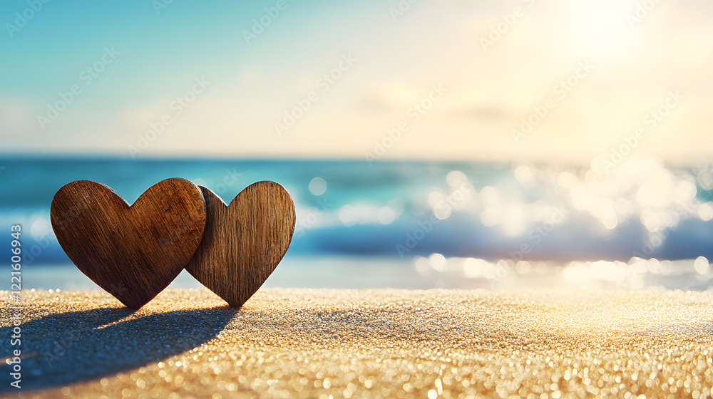 Fototapeta premium Two hearts symbolizing love and connection on a sandy beach at sunset with gentle waves in the background