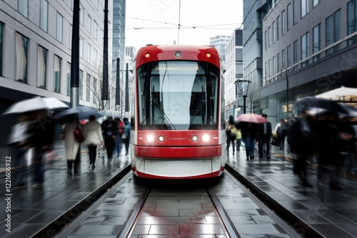 Urban Symphony A Red Tram Speeds Through the Rain