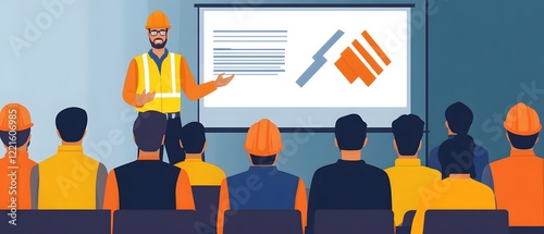 A construction manager in safety gear delivers a presentation to a group of workers