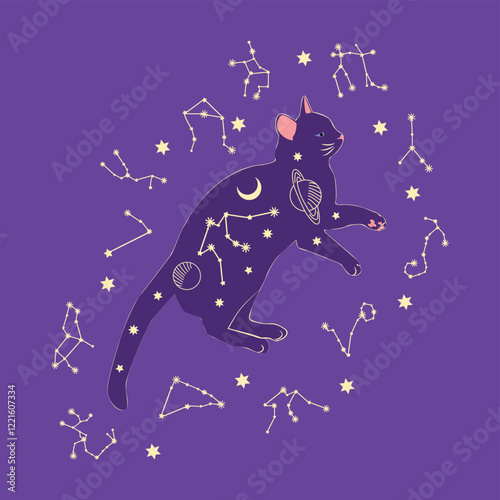 Mystical cat in boho style surrounded by stars, zodiac signs, balls, paw prints, silhouette collection. Esotericism and mysticism, occultism. Cartoon flat vector illustration.