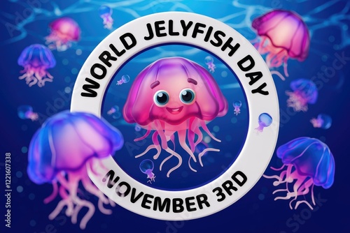 Celebrating World Jellyfish Day November 3rd Emblem Featuring Cartoon Jellyfish photo