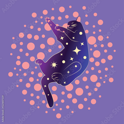Mystical cat in boho style surrounded by stars, zodiac signs, balls, paw prints, silhouette collection. Esotericism and mysticism, occultism. Cartoon flat vector illustration.