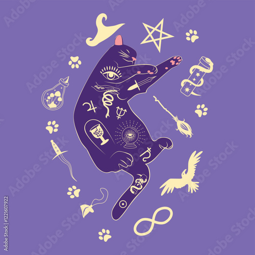 Mystical cat in boho style surrounded by stars, zodiac signs, balls, paw prints, silhouette collection. Esotericism and mysticism, occultism. Cartoon flat vector illustration.