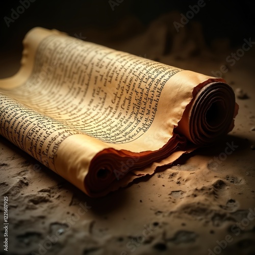 Ancient scroll filled with old biblical text lies on dusty surface. Historical document. Religious writing. Ancient manuscript. Spiritual concept. Old book. History of religion. Study of religion. photo