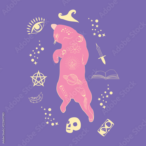 Mystical cat in boho style surrounded by stars, zodiac signs, balls, paw prints, silhouette collection. Esotericism and mysticism, occultism. Cartoon flat vector illustration.