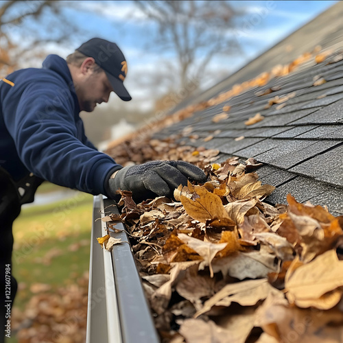 a shot of a uy cleaning clogged gutters full of leaves in fall