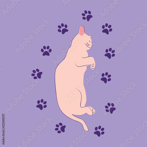 Mystical cat in boho style surrounded by stars, zodiac signs, balls, paw prints, silhouette collection. Esotericism and mysticism, occultism. Cartoon flat vector illustration.