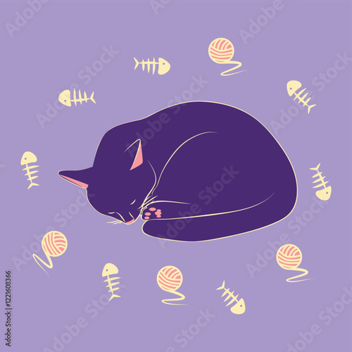 Mystical cat in boho style surrounded by stars, zodiac signs, balls, paw prints, silhouette collection. Esotericism and mysticism, occultism. Cartoon flat vector illustration.