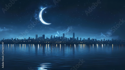 Night city skyline reflected in calm water under crescent moon and stars. Midnight Horizon. Illustration photo