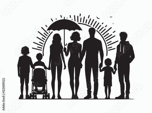 Silhouette of a Large Family Group with Adults and Children in an Outdoor Setting