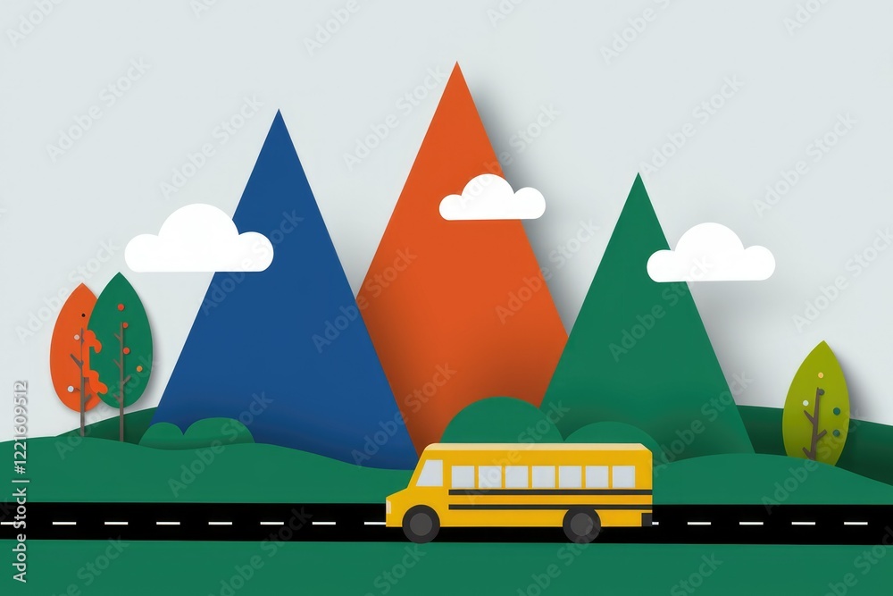 Fototapeta premium Papercraft Mountain Landscape With Colorful Tree And School Bus