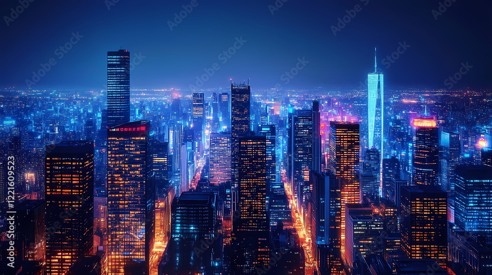 Fototapeta premium Pixel art cityscape, skyscrapers, night, glowing windows, urban scene. Midnight Horizon. Illustration