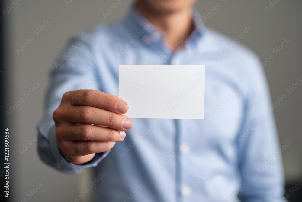 A Man Holding a Blank White Card Against a Blurred Background
