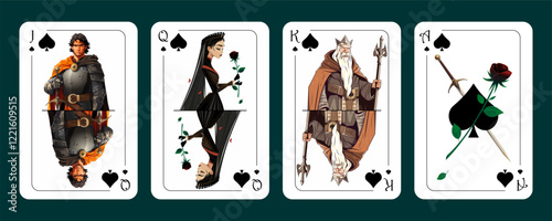 Jack of Spades, Queen of Spades, King of Spades, Ace of Spades. Playing cards design. Vector illustration