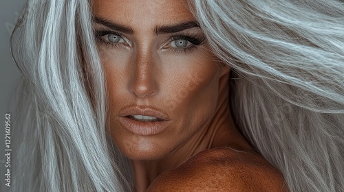 This close-up portrait captivates with its striking silver hair, intense gaze, and beautifully contoured features, embodying beauty and strength in one image. photo