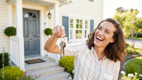 Happy woman holding house keys in front of her new home with a beaming smile