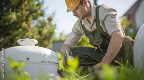 Septic system technician inspecting tank in green garden setting
