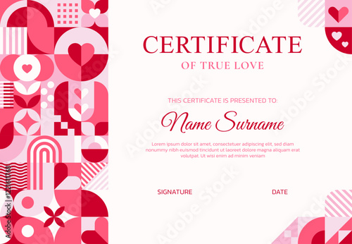 Valentines day certificate with abstract geometric shapes. Vector romantic holiday diploma of true love. Retro layout template featuring pink and red hearts ornament paired with elegant typography