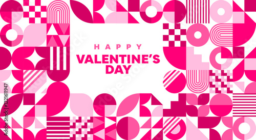 Valentines day greeting card with geometric shapes and abstract minimal patterns in shades of pink. Vector modern and vibrant layout exudes romance and love for valentine holiday celebrations