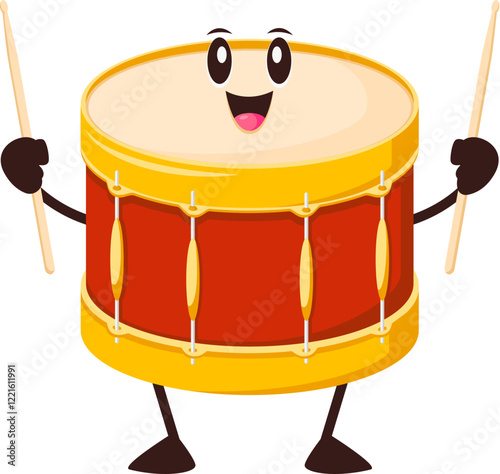 Cartoon funny drum musical instrument character holding sticks. Isolated vector percussion instrument personage with drumsticks promotes music school education for kids, performance or concert