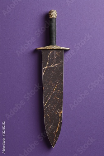 Elegant black marble sword with gold accents on purple background photo