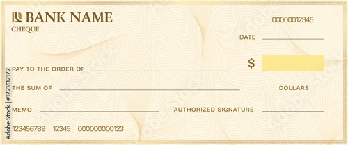 Cheque template with watermark. Blank bank check. Vector document layout includes fields for payee, amount, date, memo and signature, complemented by security patterns. Check for financial transaction
