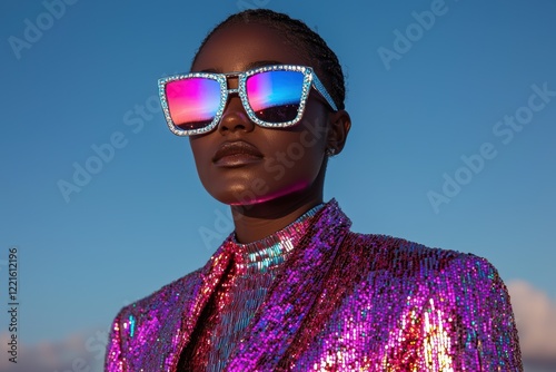 Stylish woman in sparkly jacket and sunglasses
