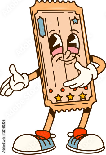 Cinema movie cartoon groovy ticket character. Cinema industry cheerful vintage groovy vector mascot. Filmmaking entertainment admit one ticket cute personage or cinema festival funny character