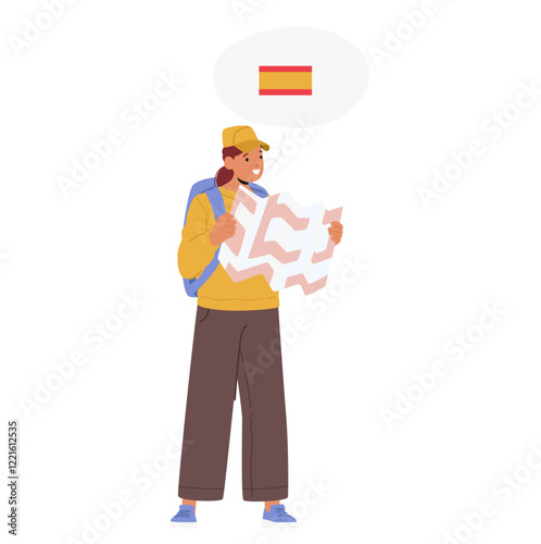 Young woman tourist character reading route map having problems with understanding Spanish language