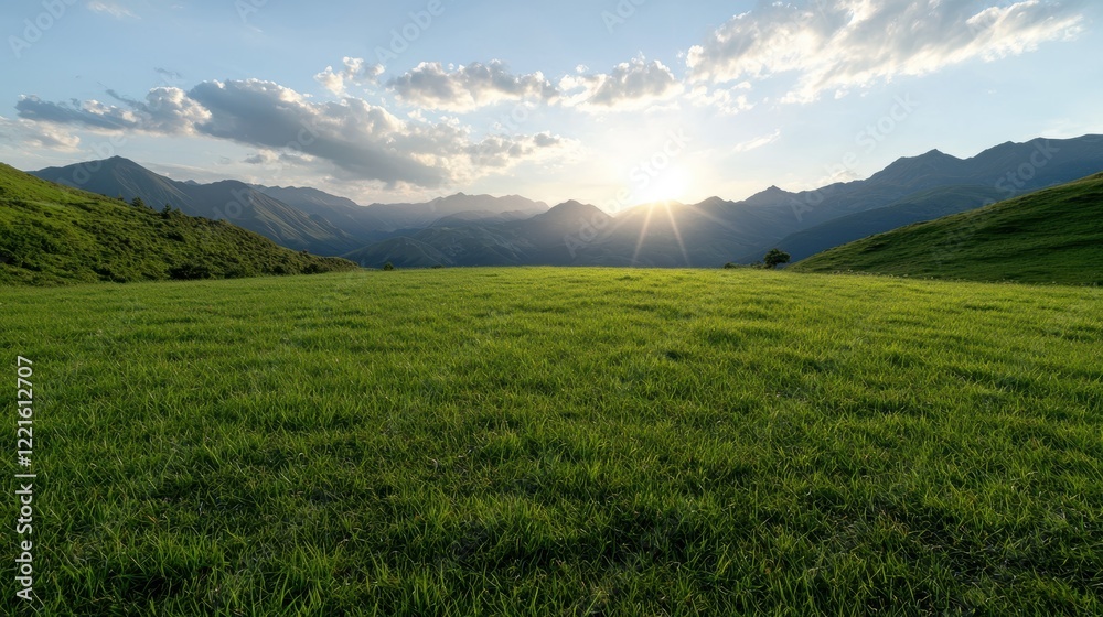 Fototapeta premium Sunset over grassy field and mountain range