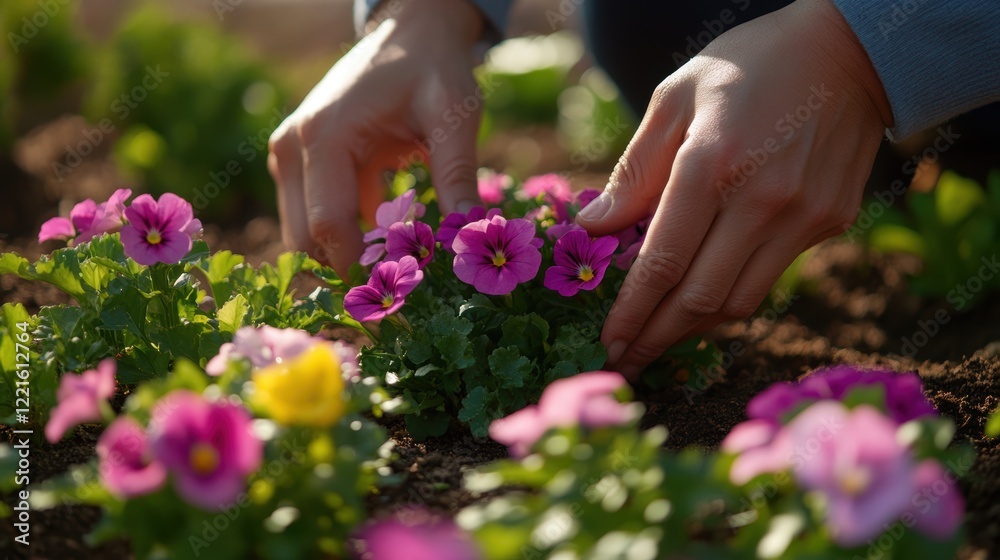 A person is gently picking flowers by hand in a vibrant garden filled with various blooms and greenery. A person is gently picking flowers by hand in a vibrant garden filled with various blooms and greenery.