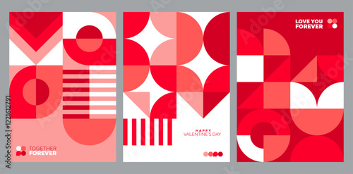 Valentine day greeting cards or flyers with geometric shapes, vector backgrounds. Valentine day love holiday posters of abstract pink geometric shapes and red mosaic figures with love quote phrases