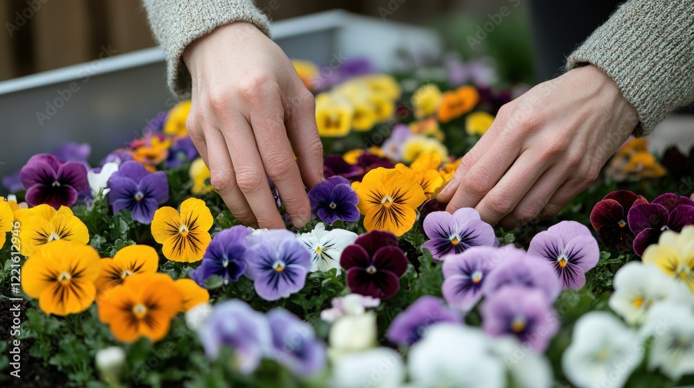 A person selects a bouquet of flowers from a container, showcasing vibrant colors and textures in a natural setting. A person selects a bouquet of flowers from a container, showcasing vibrant colors and textures in a natural setting.