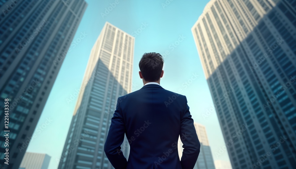 Fototapeta premium Confident businessman stands in urban setting. Looks up at skyscrapers. In suit, focused on business future. Successful pro envisions company growth. Modern leadership in city. Urban business