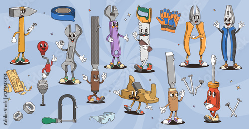 Retro groovy diy and repair tools characters. Vector set of friendly hammer, wrench, saw, and plane, chisel, screwdriver, drill, gloves and pliers with expressive faces, playful handyman work tools