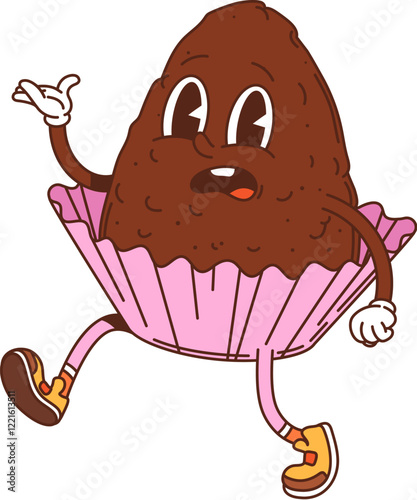 Retro hippie groovy cupcake dessert character. Cafe pastry brownie vintage cartoon isolated vector funny personage, restaurant dessert sad character or sweet chocolate cupcake confused groovy mascot