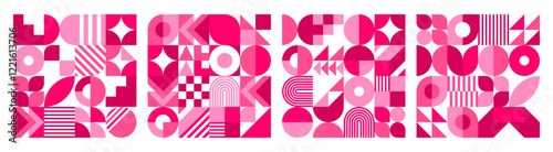 Valentine day tile patterns with geometric shapes for love holiday, vector backgrounds. Valentine day pink red patterns for greeting card or wedding and marriage tiles with abstract geometric shapes