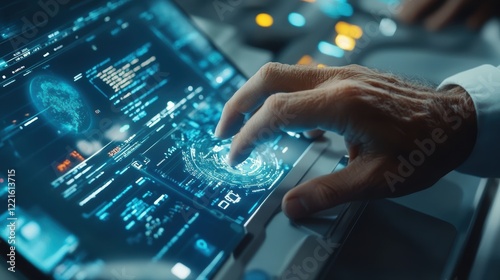 A person operates a laptop computer, using a finger to interact with the screen.