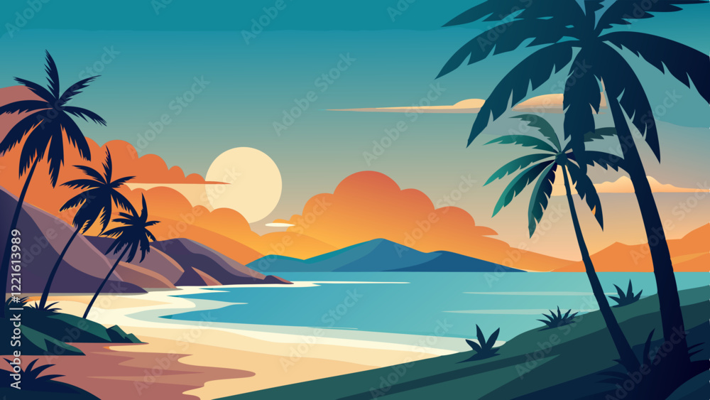 Obraz premium A vector illustration of a tropical beach with palm trees, clear water and a shining sun in the background