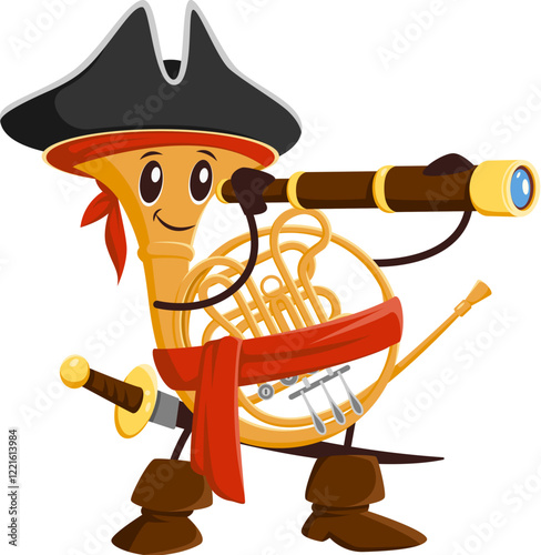 Cartoon French horn musical instrument pirate and corsair character with telescope, tricorn and sword. Isolated vector buccaneer wind brass pipe personage looking for music adventure in the high seas