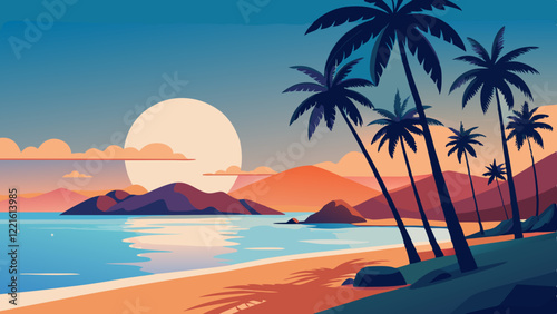 A vector illustration of a tropical beach with palm trees, clear water and a shining sun in the background