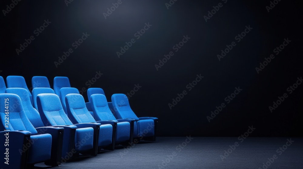 Fototapeta premium Empty Blue Theater Seats in a Dark Minimalistic Cinema Environment with Focus on Comfort and Relaxation