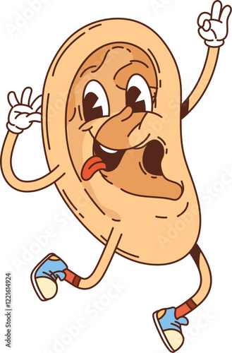 Cartoon ear groovy medicine and health character jumps joyfully with sticking tongue showing playful vibe. Isolated vector human body organ personage with retro sneakers and cheerful, smiling face