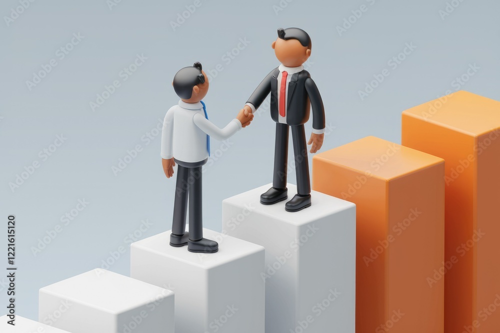Formal Agreement Two Animated Characters Shake Hands on a Stack of Colorful Blocks Formal Agreement Two Animated Characters Shake Hands on a Stack of Colorful Blocks