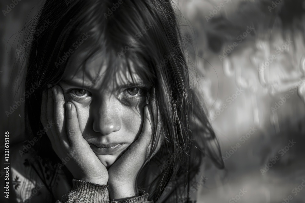 Obraz premium National child abuse awareness month: scared child, covering gesture, emotional wounds, protective instincts, vulnerable children, educational efforts, advocacy against abuse, safety measures.